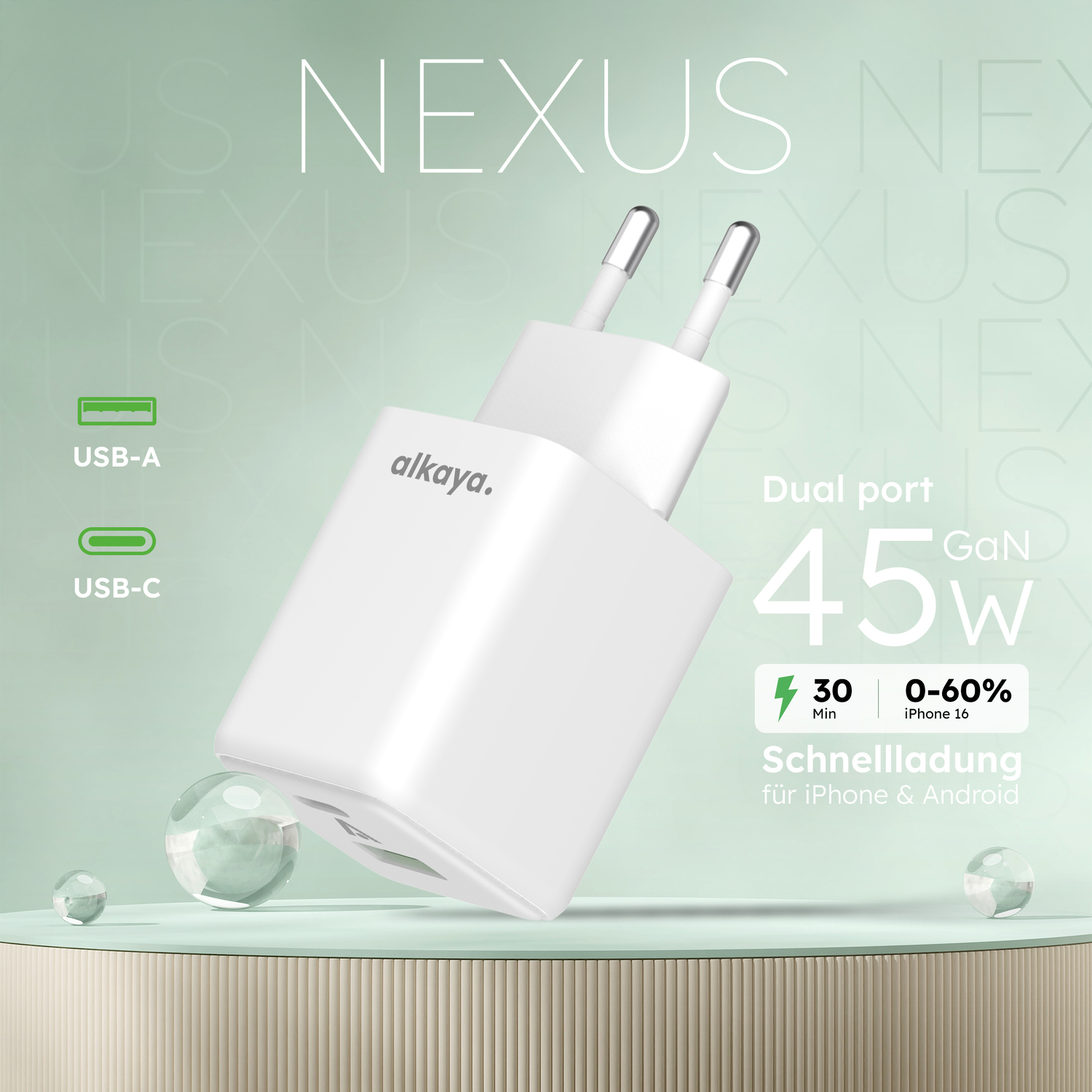 alkaya. | NEXUS | Ladegerät mit GaN Technologie | 45W Weiß, USB C+A