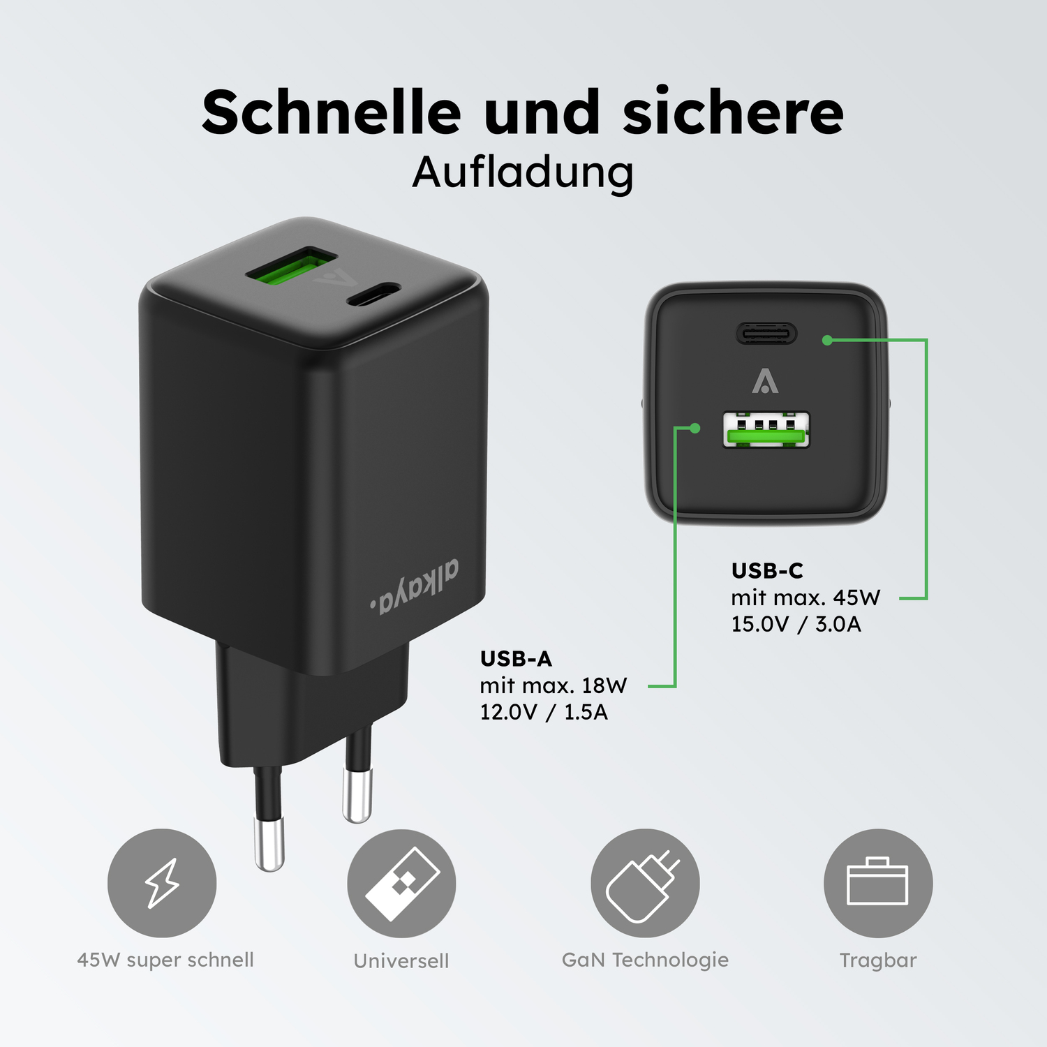 alkaya. | NEXUS | Ladegerät mit GaN Technologie | 45W Schwarz, USB C+A