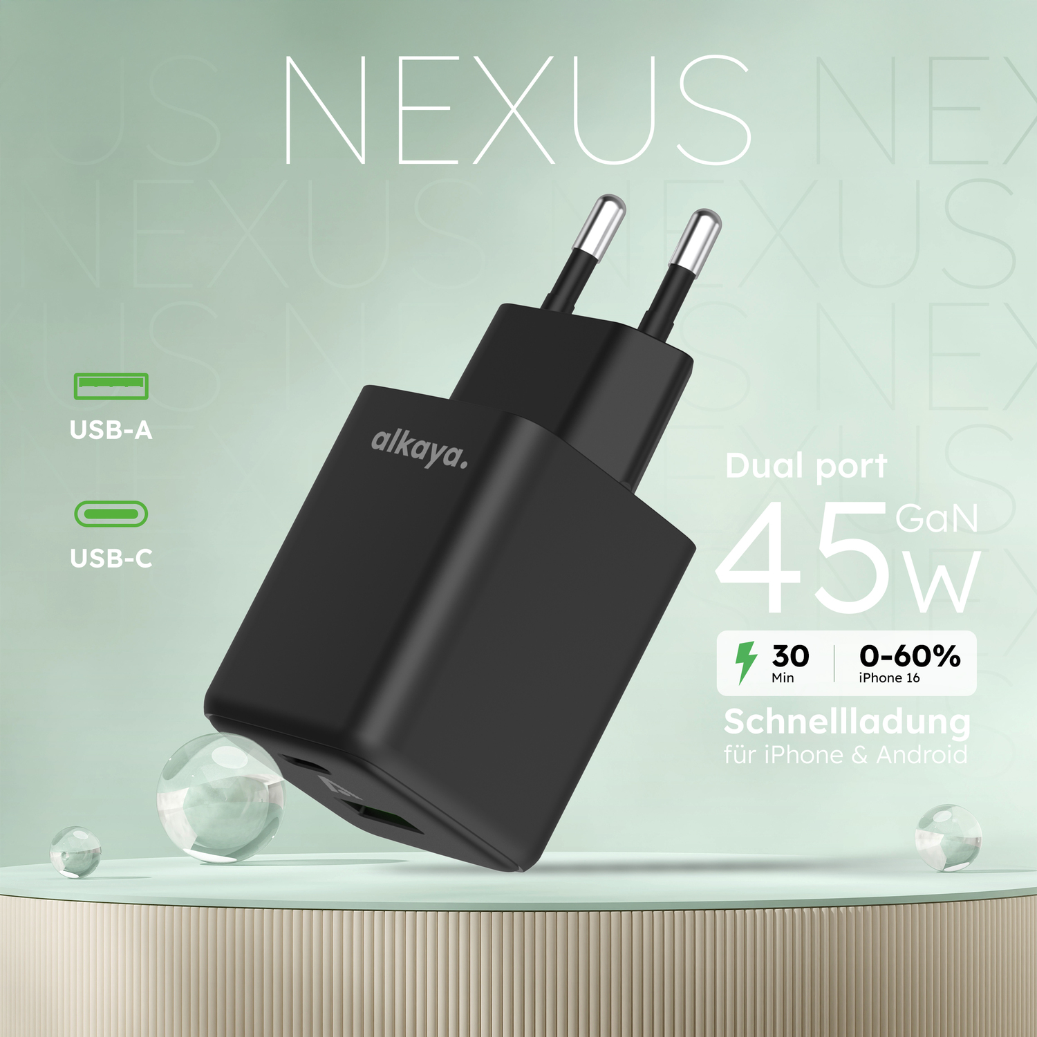 alkaya. | NEXUS | Ladegerät mit GaN Technologie | 45W Schwarz, USB C+A