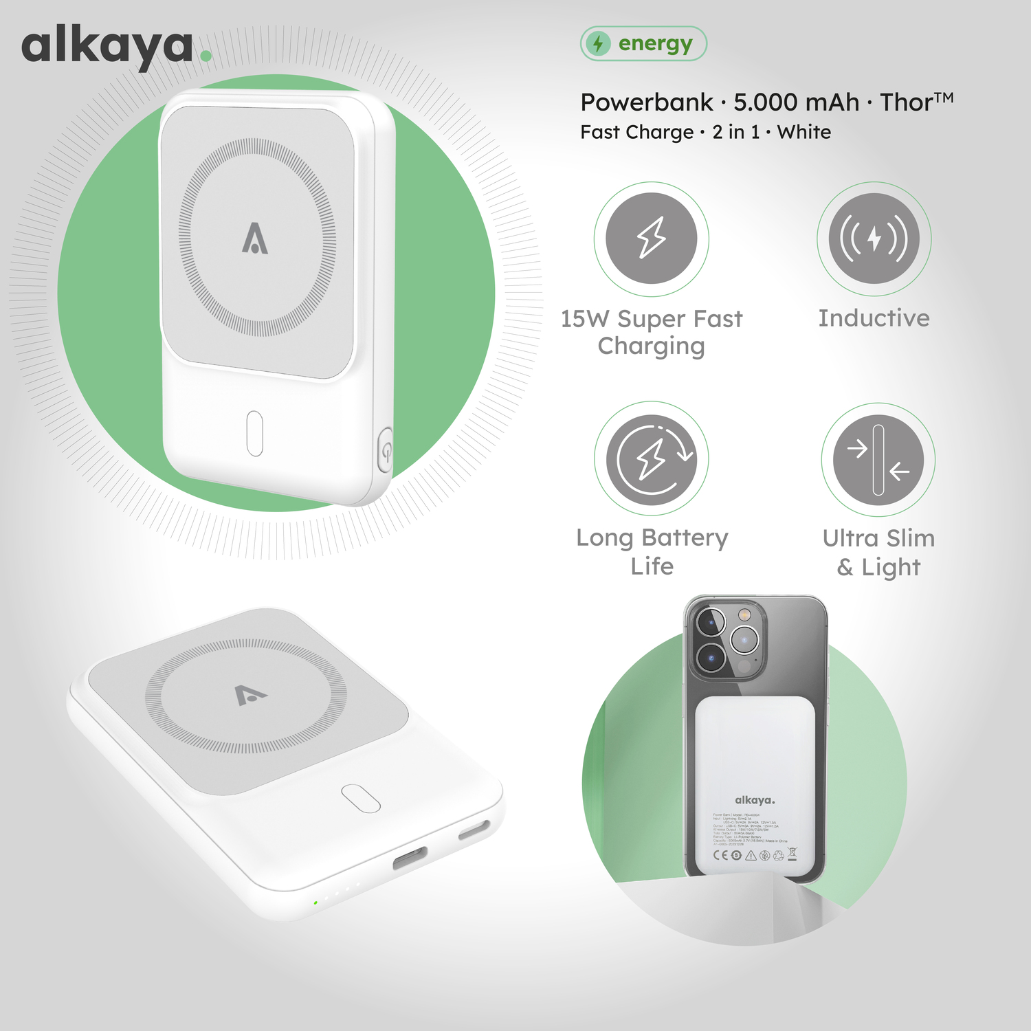 alkaya. | Thor | 5.000 mAh Powerbank Slim | Induktives Laden, unterstützt MagSafe-Technologie + USB-A und USB-C Ports