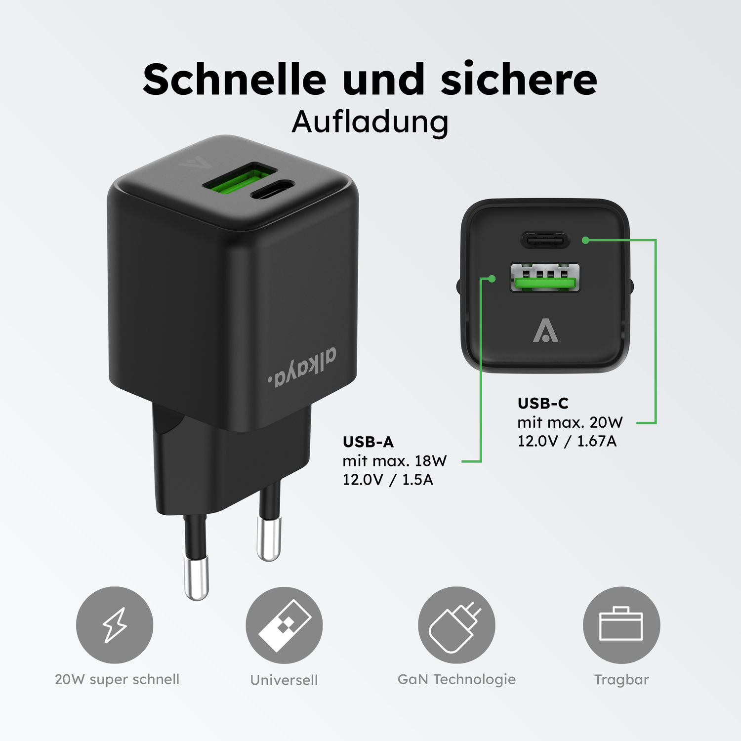 alkaya. | NEXUS | Ladegerät mit GaN Technologie | 20W Schwarz, USB C+A