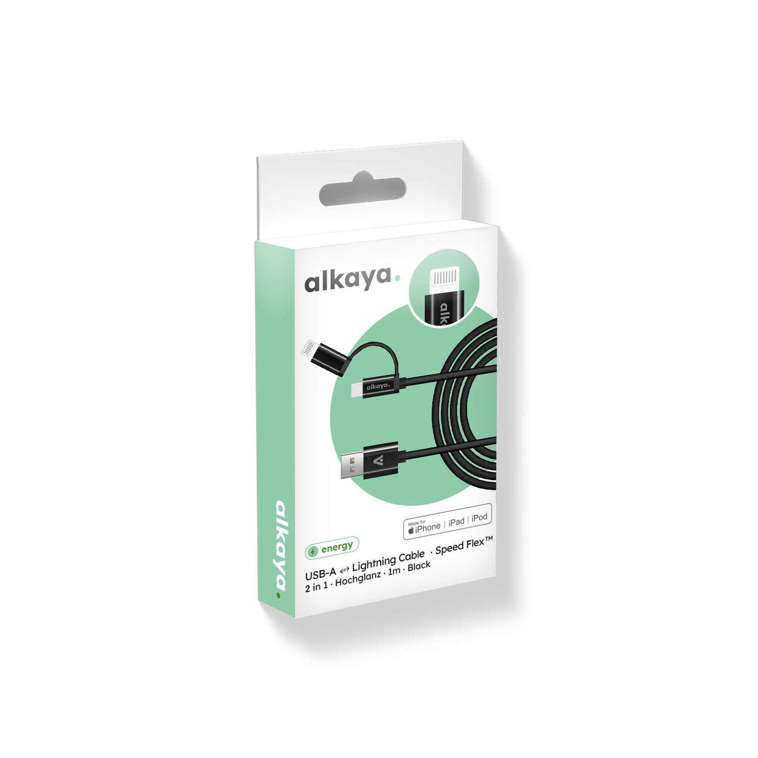 alkaya. | Speed Flex | 2 in 1 Datenkabel | Hochglanz | USB A+C+L Schwarz, 1 Meter