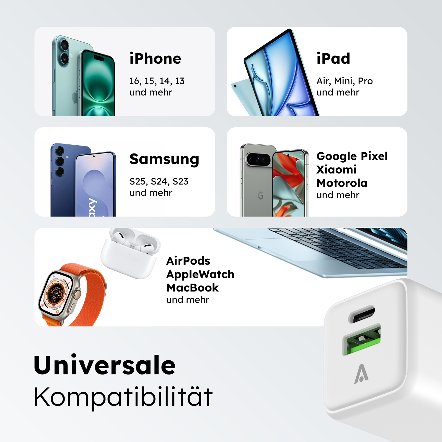 alkaya. | NEXUS | Ladegerät mit GaN Technologie | 20W Weiß, USB C+A