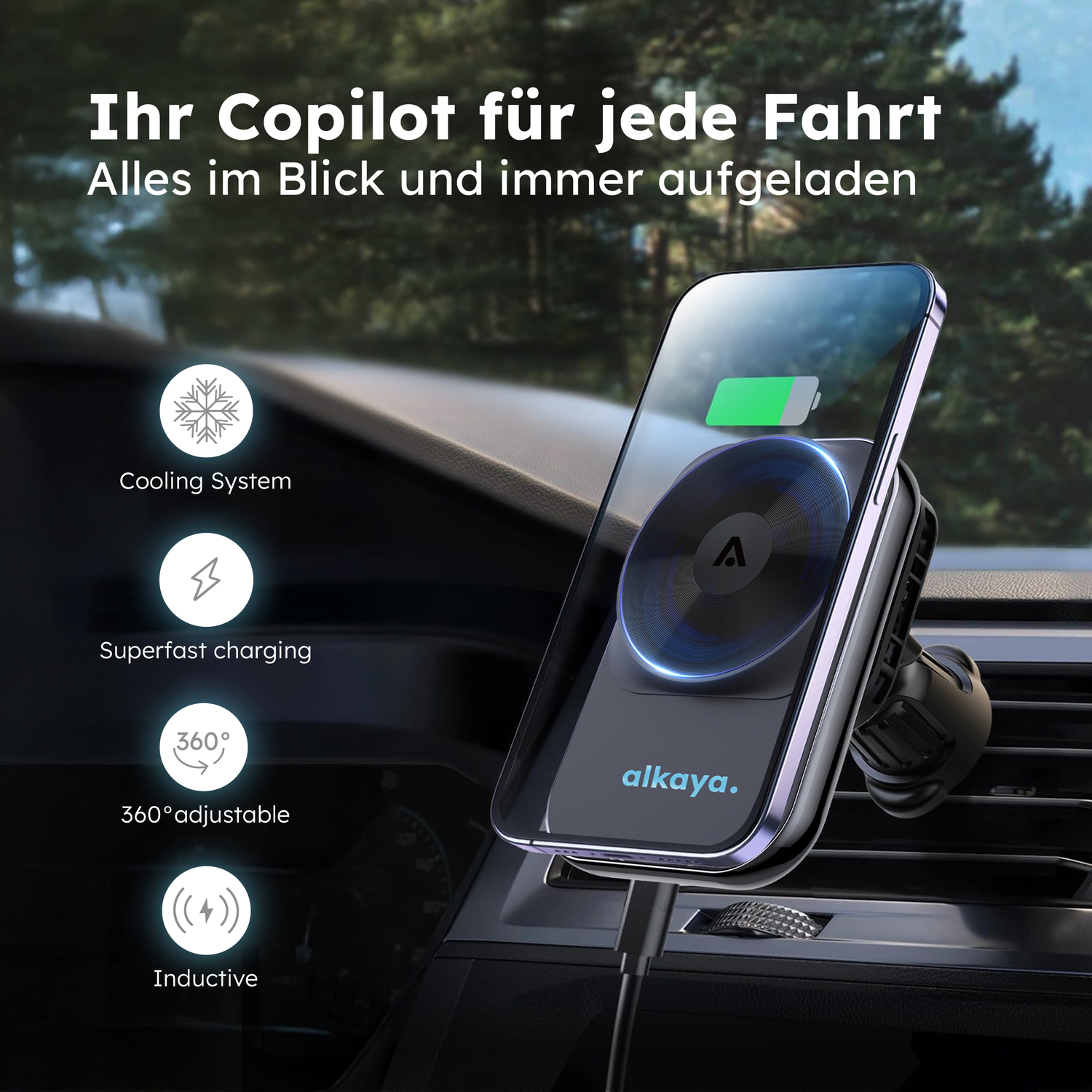 alkaya. | Breeze | Wireless KFZ Ladegerät kompatibel mit Magsafe, schwarz