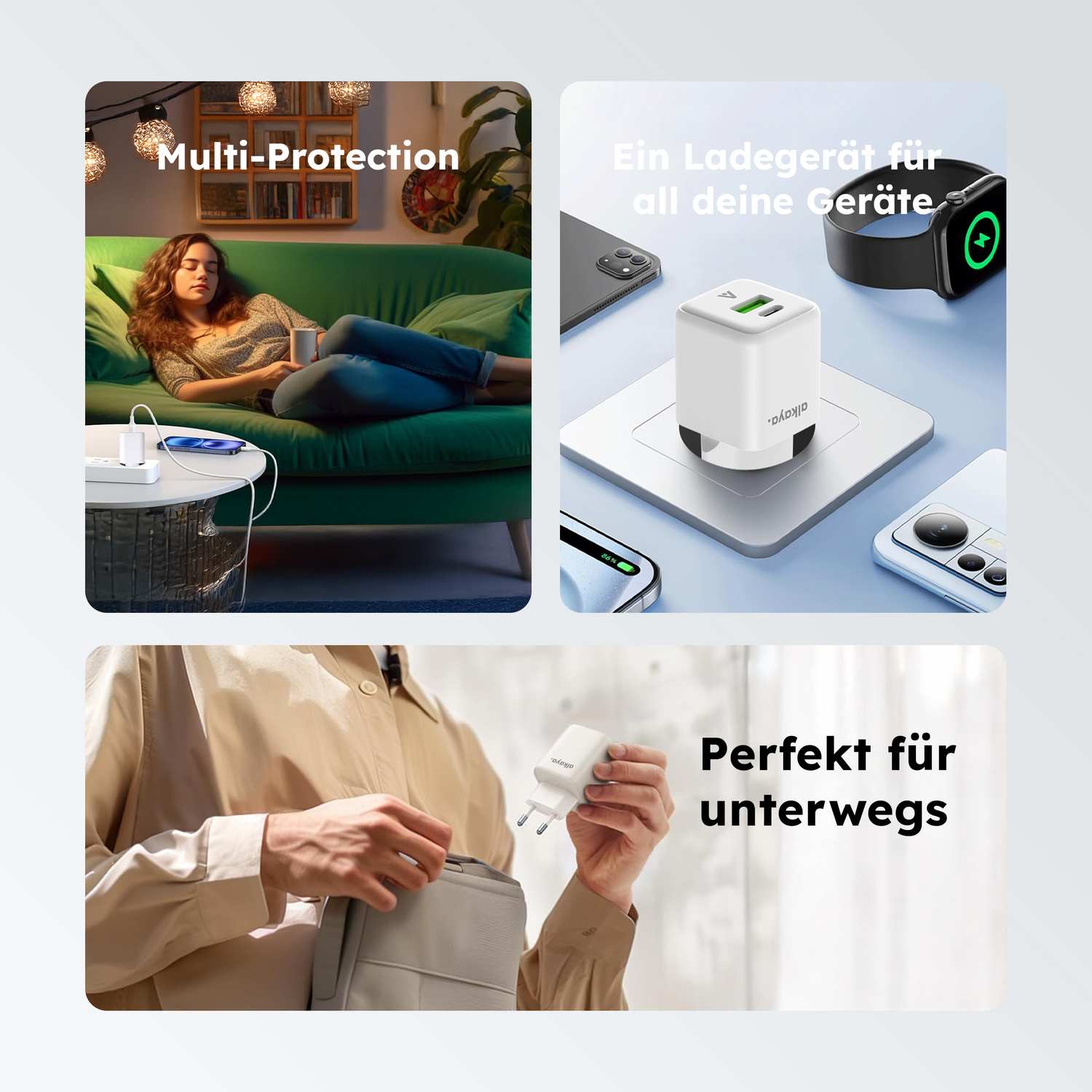 alkaya. | NEXUS | Ladegerät mit GaN Technologie | 20W Weiß, USB C+A