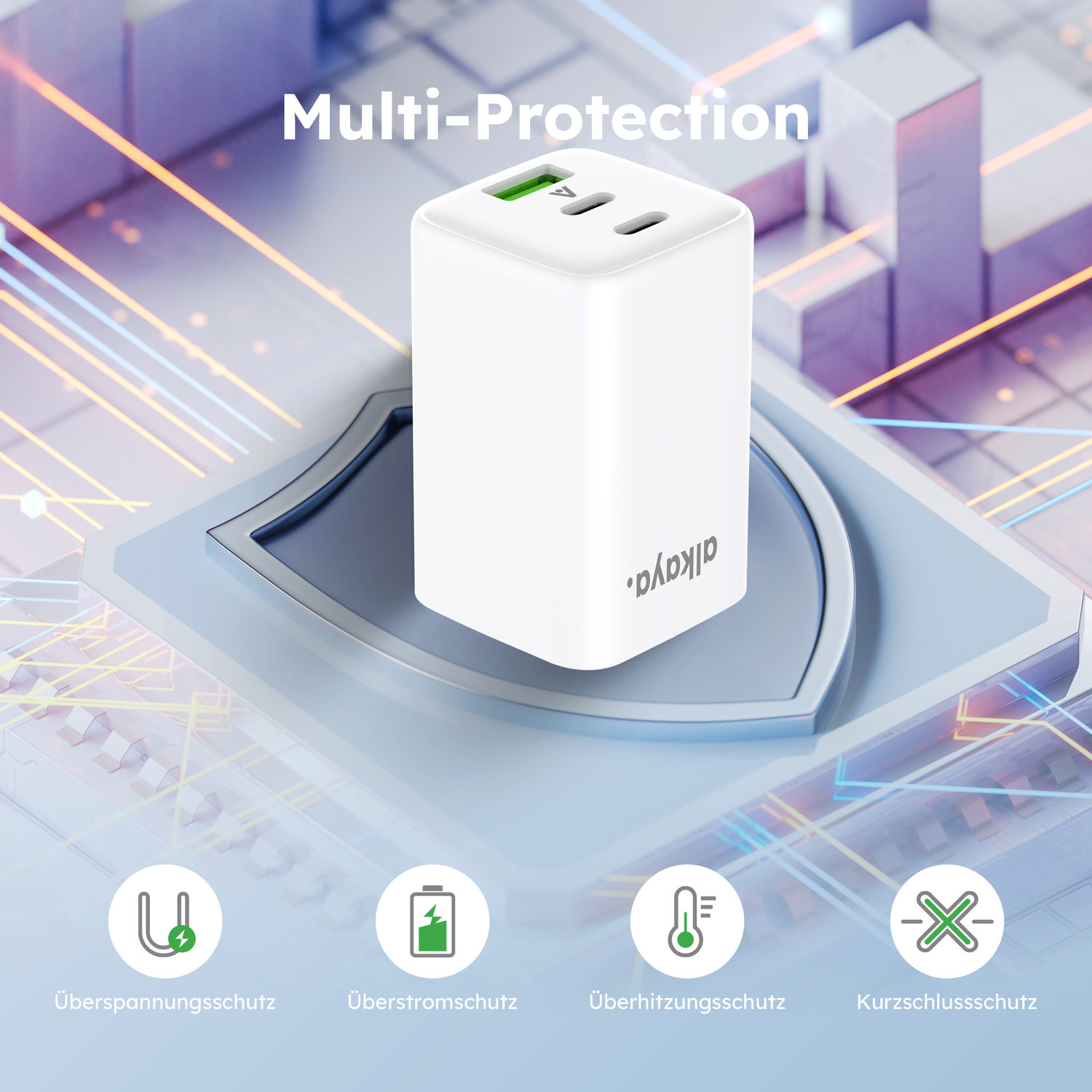 alkaya. | NEXUS | Ladegerät mit GaN Technologie | 65W Weiß, USB C+C+A