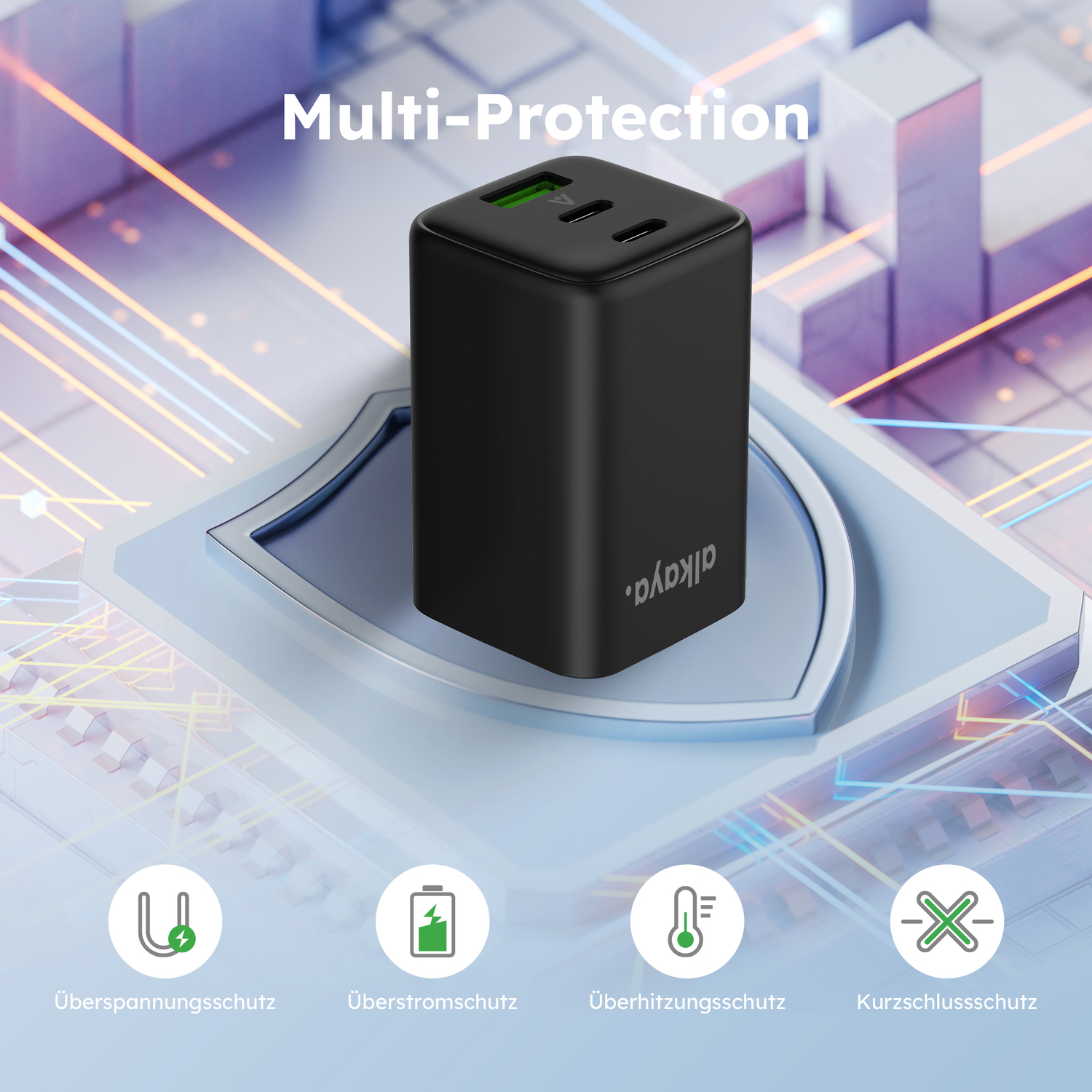 alkaya. | NEXUS | Ladegerät mit GaN Technologie | 65W Schwarz, USB C+C+A