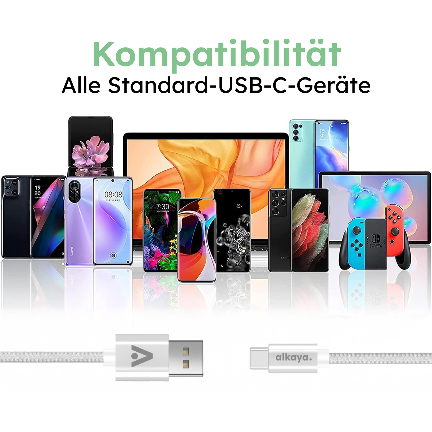 alkaya. | Speed Flex | Datenkabel | Geflochten | USB A+C Weiß, 1 Meter