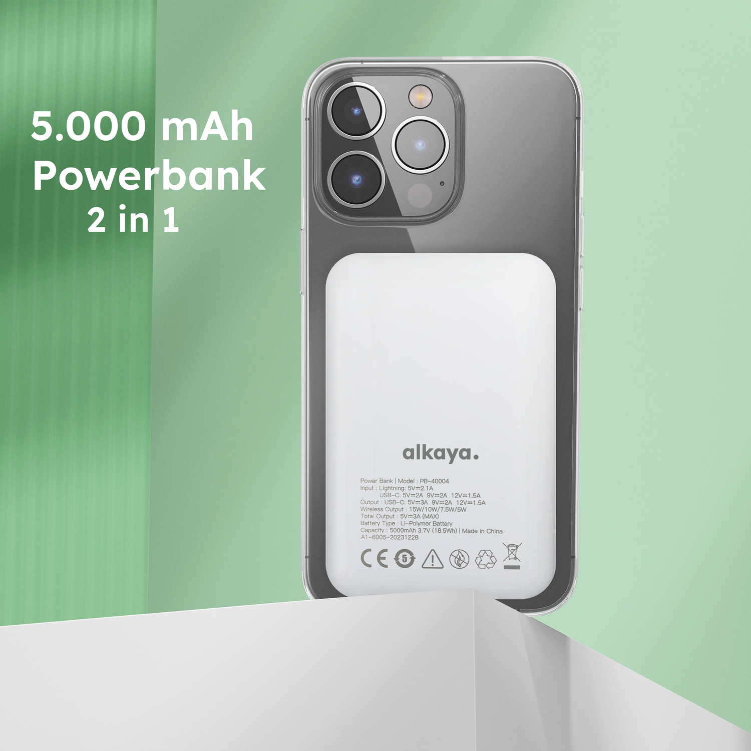 alkaya. | Thor | 5.000 mAh Powerbank Slim | Induktives Laden, unterstützt MagSafe-Technologie + USB-A und USB-C Ports