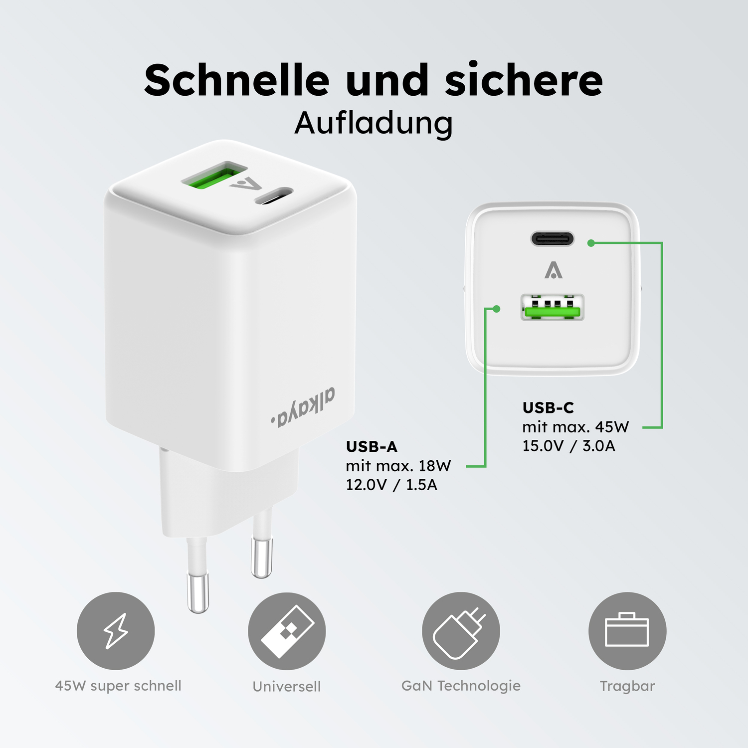 alkaya. | NEXUS | Ladegerät mit GaN Technologie | 45W Weiß, USB C+A