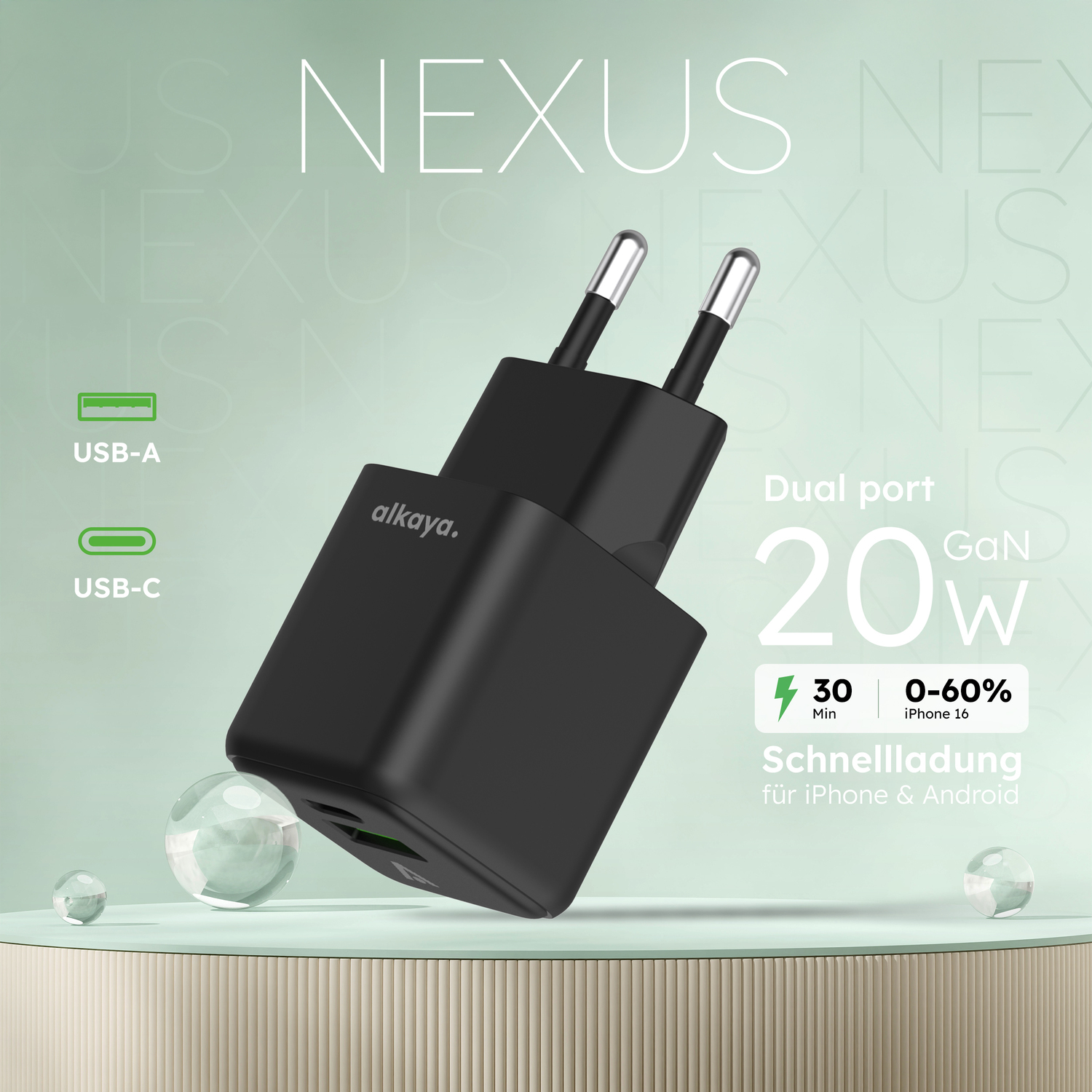 alkaya. | NEXUS | Ladegerät mit GaN Technologie | 20W Schwarz, USB C+A